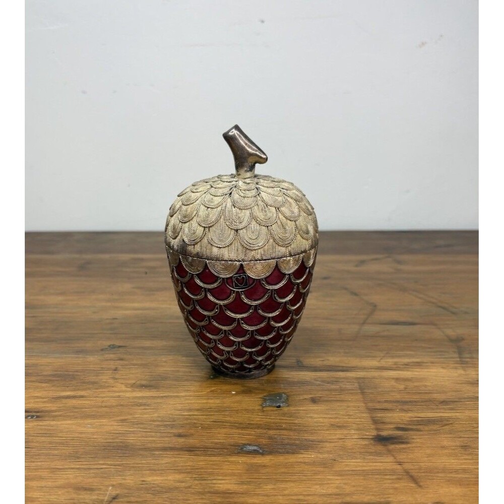 Vintage NYCO Nicki Yassaman Cloisonne Enamel Acorn Trinket Box Jar Red Gold 6"